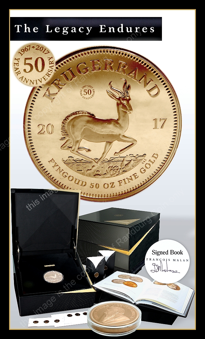 2017 50 oz Gold Krugerrand 50th Anniversary Privy Marked Coin with Krugerrand Book