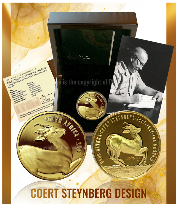 2017 Gold 1oz Proof R100 Coert Steynberg 1946 Springbok Design