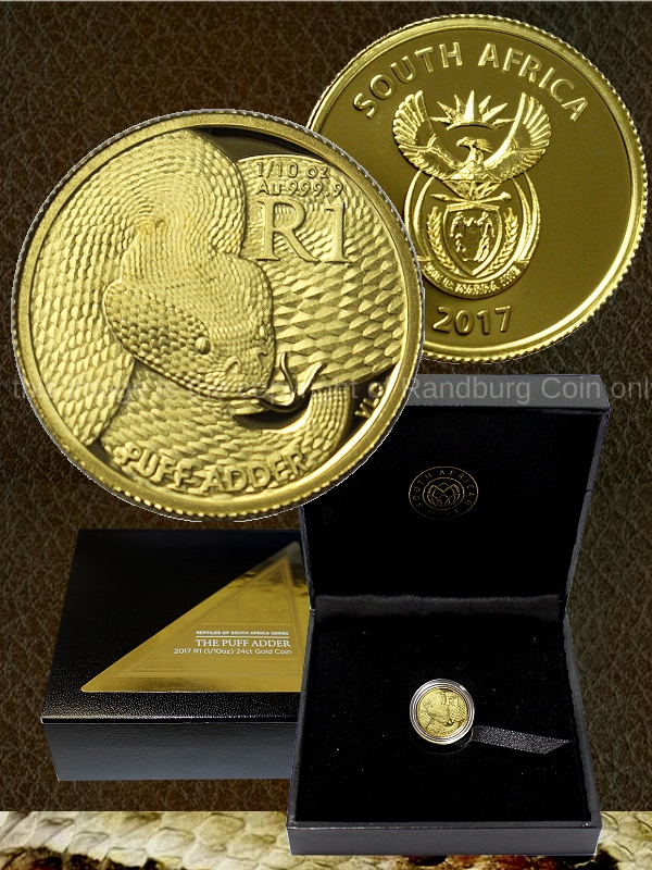 2017 Gold Proof R1 Tenth oz Puff Adder Reptiles of South Africa Series