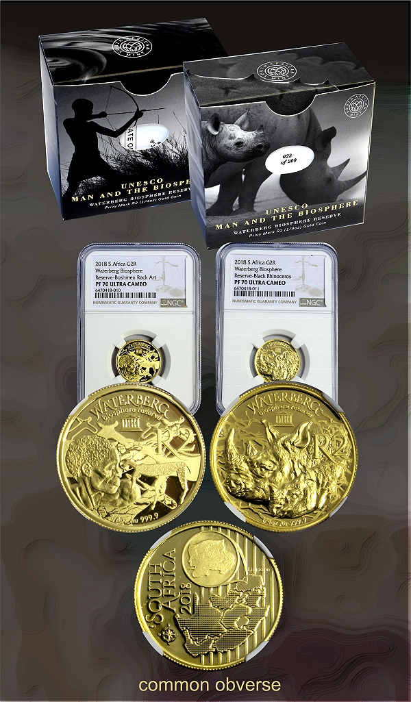2018 Gold R2 Waterberg Biosphere Bushmen and Rhino Coins