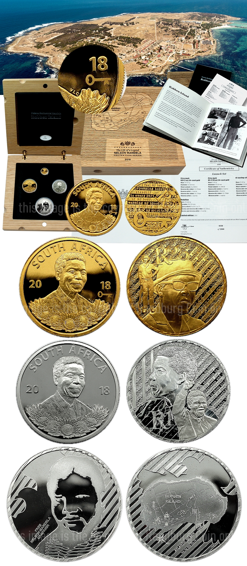 2018 MANDELA Gold R25 1oz R5 Tenth oz R1 Silver Crown and Medallion Robben Island Mint Marked Life of a Legend Protea Launch Set