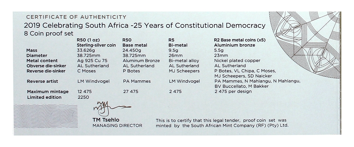 2019 Proof Silver BaseMetal BiMetal AluminiumBronzeMetal SA 25Yr Democracy 8 coin set cert detail