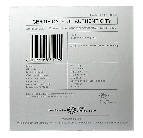 2019 R50 Sterling Silver Proof Coin 25Year Democracy cover back