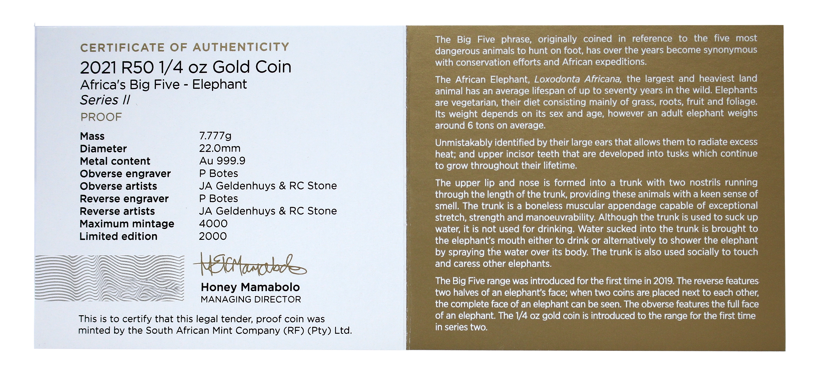 2021 Gold R50 Quarter oz Elephant Big Five Series II cert rev