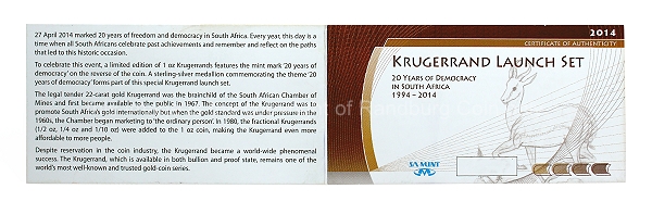 2014 1oz Krugerrand mintmarked plus 1oz Sterling Silver Medallion 20Yr Democracy Launch Set cert ob