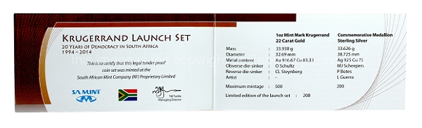 2014 1oz Krugerrand mintmarked plus 1oz Sterling Silver Medallion 20Yr Democracy Launch Set cert rev