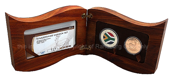 2014 1oz Krugerrand mintmarked plus 1oz Sterling Silver Medallion 20Yr Democracy Launch Set open case