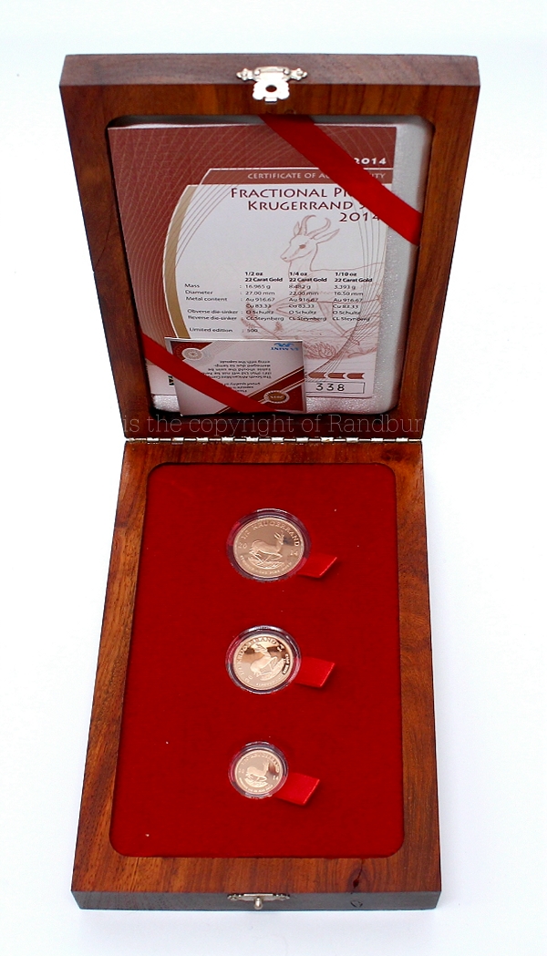 2014 Krugerrand Fractional Proof 3 Coin Set open presentation box rev