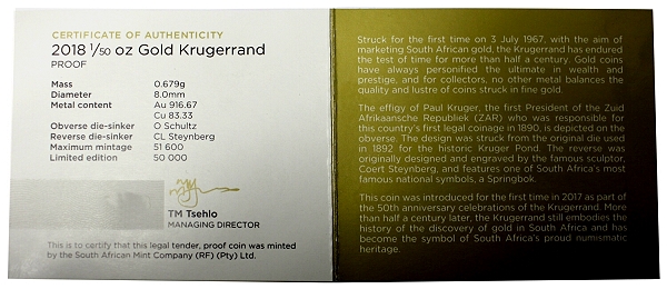 2018 Fiftieth oz Proof Gold Krugerrand cert rev