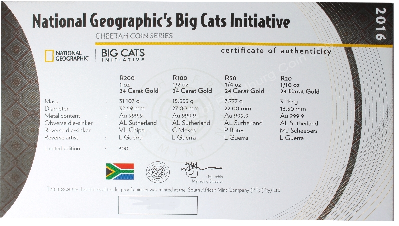 2016 Gold Big Cats Initiative Cheetah 4 coin Nat Geo Set cert rev