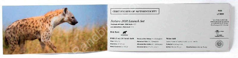 2016 1oz Gold Proof Natura Hyena Mintmark Launch Set certificate