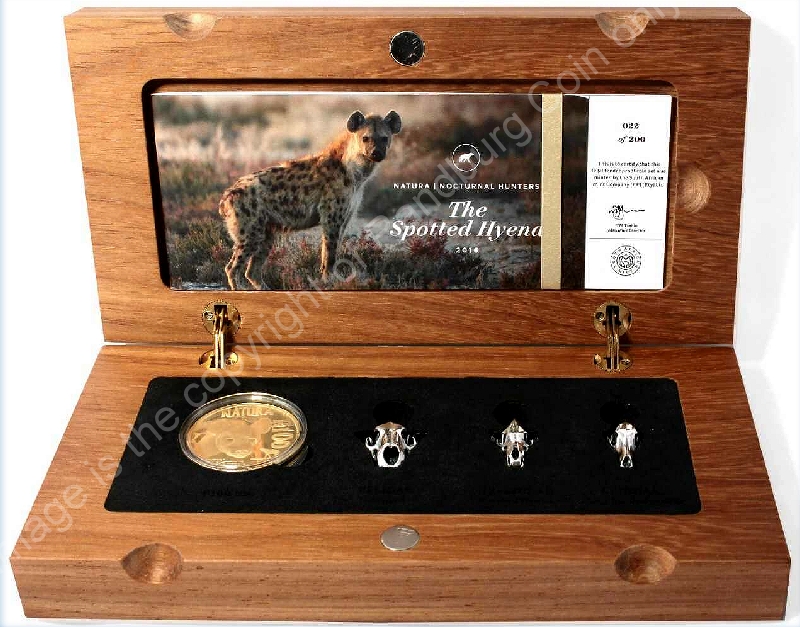 2016 1oz Gold Proof Natura Hyena Mintmark Launch Set open box
