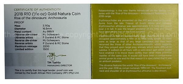 2018 Gold R10 Tenth oz Archosauria Natura Coin cert