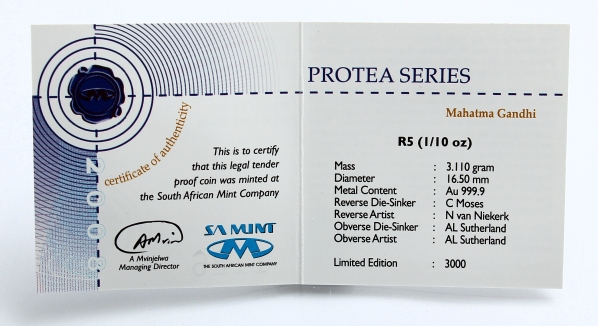 2008 Gold Proof R5 Tenth oz Gandhi Protea Series Graded cert rev