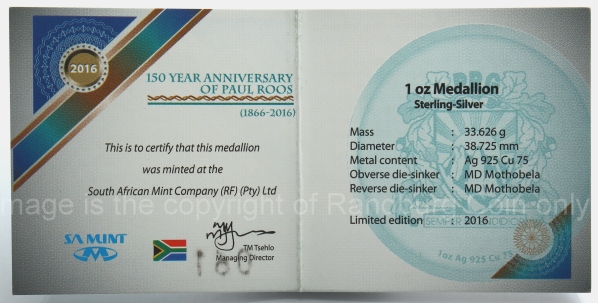 2016 1oz Sterling Silver 150Yr Anniversary of Paul Roos 1866 to 2016 medallion cert rev