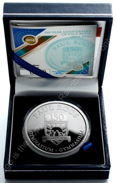 2016 1oz Sterling Silver 150Yr Anniversary of Paul Roos 1866 to 2016 medallion open box rev