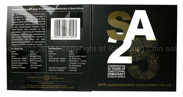 2019 R2 with R5 SA 25Yr Democracy Commemorative Uncirculated x6 Coin Set folder outside
