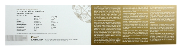2020 Silver R2 Crown and Tickey Silver Retinal Cryoprobe Proof Coin Set South African Inventions cert rev
