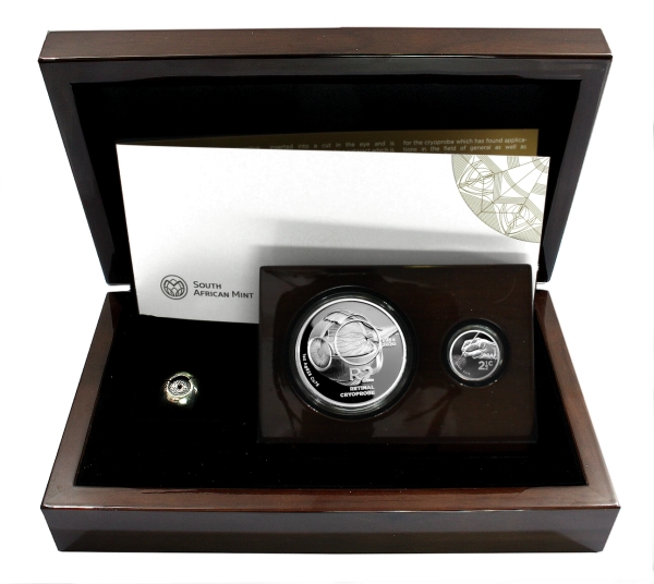 2020 Silver R2 Crown and Tickey Silver Retinal Cryoprobe Proof Coin Set South African Inventions open box rev