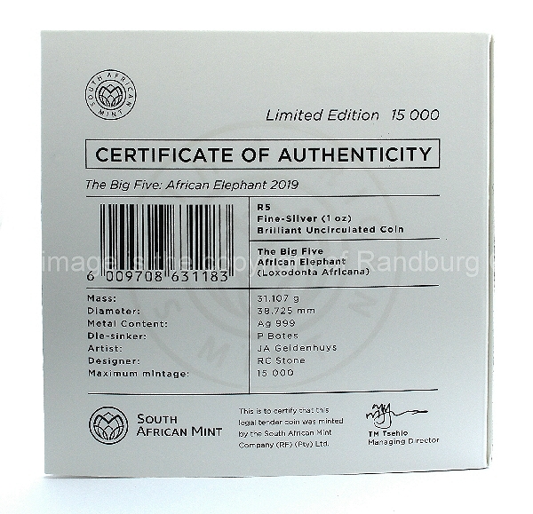 2019 R5 1oz Fine Silver Elephant Brilliant Uncirculated Big Five Series back card