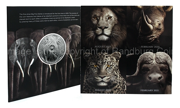 2019 R5 1oz Fine Silver Elephant Brilliant Uncirculated Big Five Series inside card