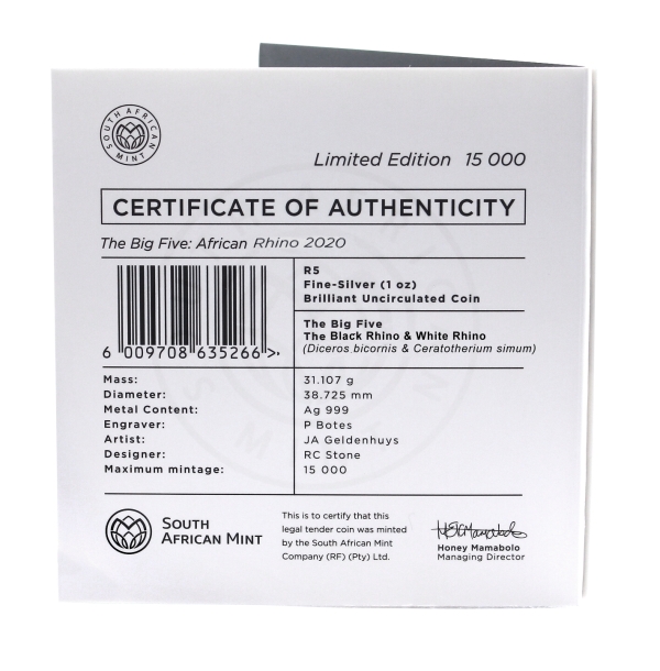 2020 1oz R5 Fine Silver Rhino Brilliant Unc Big Five Series folder back a