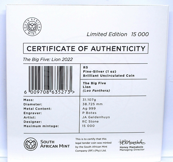 2022 Silver 1oz Brilliant Uncirculated Big Five Lion Coin Series II Back cert 600px