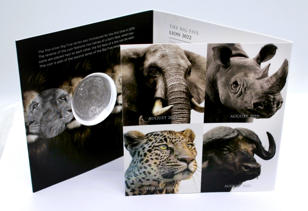 2022 Silver 1oz Brilliant Uncirculated Big Five Lion Coin Series II folio open 600px