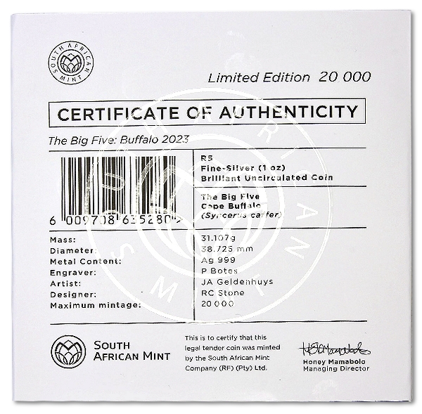 2023 1oz R5 Fine Silver Buffalo Brilliant Unc Big Five Series II folder back