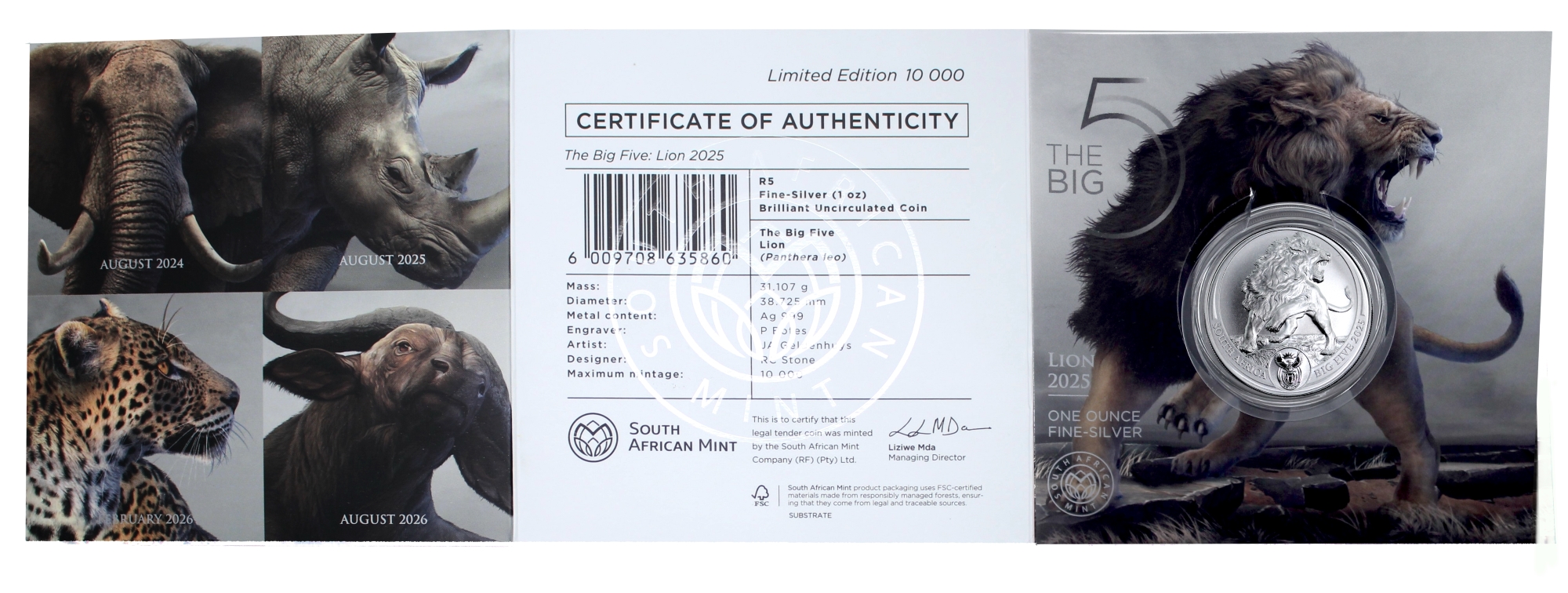 2025 1oz Fine Silver Big Five Brilliant Uncirculated Lion open cert