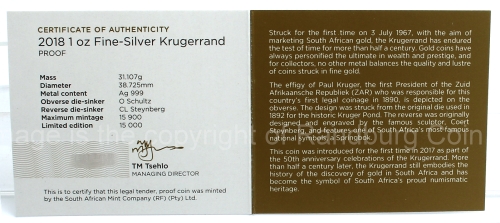2018 1oz Fine Silver Proof Krugerrand open cert rev
