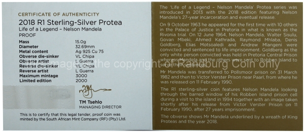 2018 Sterling Silver Proof R1 Life of A Legend Protea cert rev