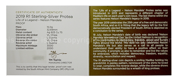 2019 Sterling Silver Proof R1 Life of A Legend Protea cert rev