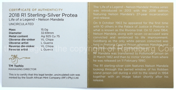 2018 Sterling Silver Uncirculated R1 Life of A Legend Protea cert rev