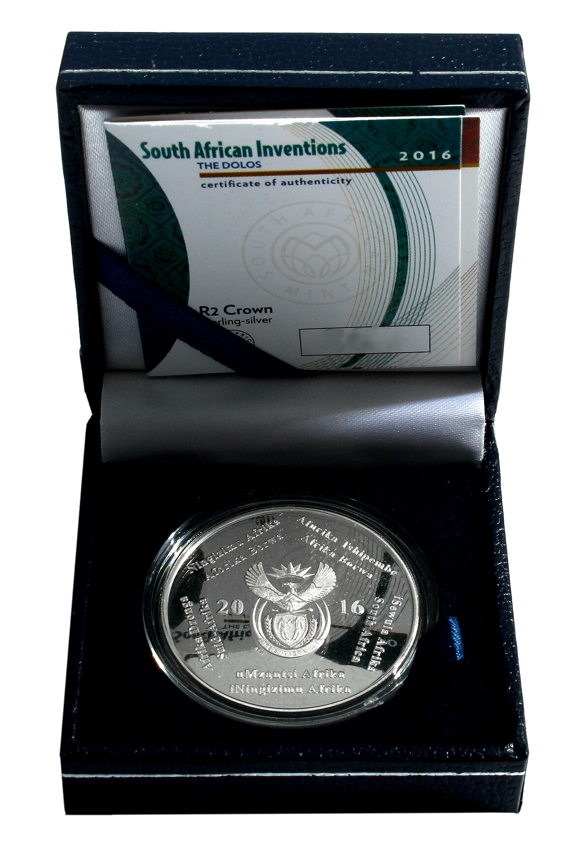 2016 Silver R2 1oz The Dolos  Proof Coin South African Inventions box open ob