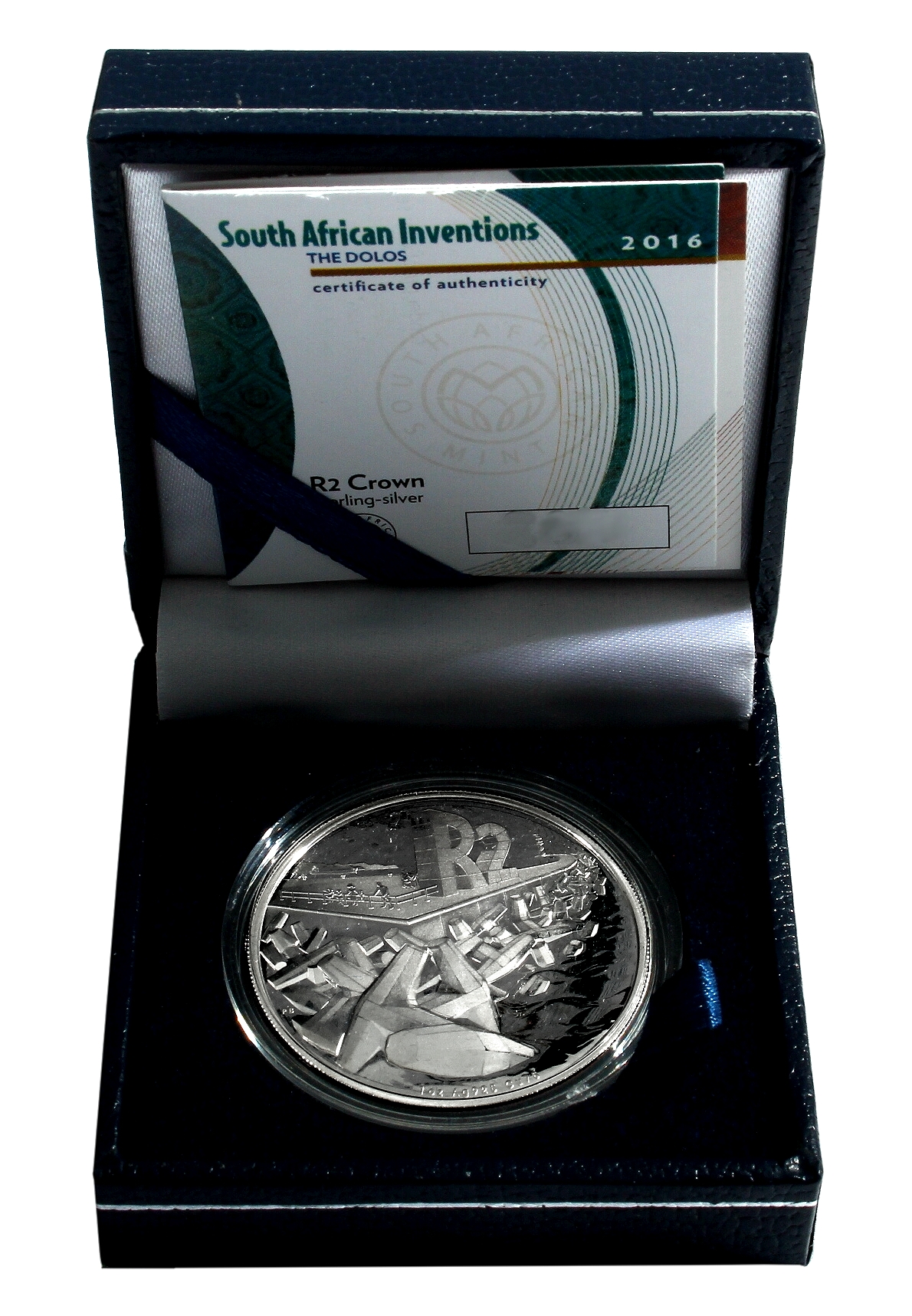 2016 Silver R2 1oz The Dolos  Proof Coin South African Inventions box open rev