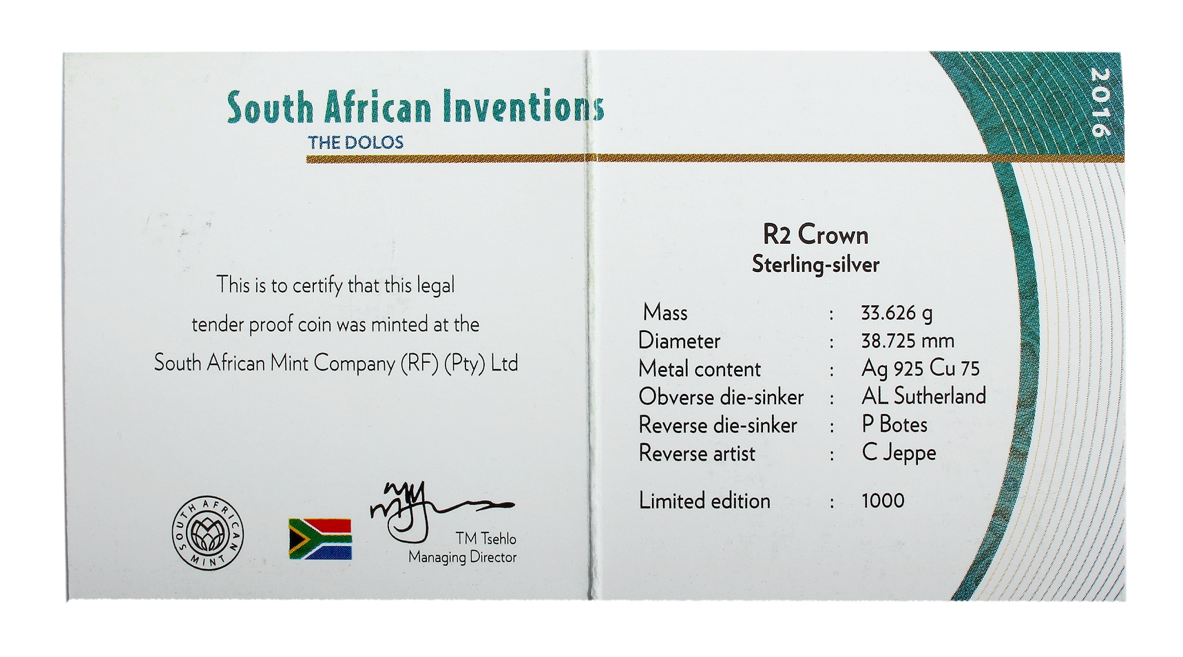 2016 Silver R2 1oz The Dolos  Proof Coin South African Inventions cert rev