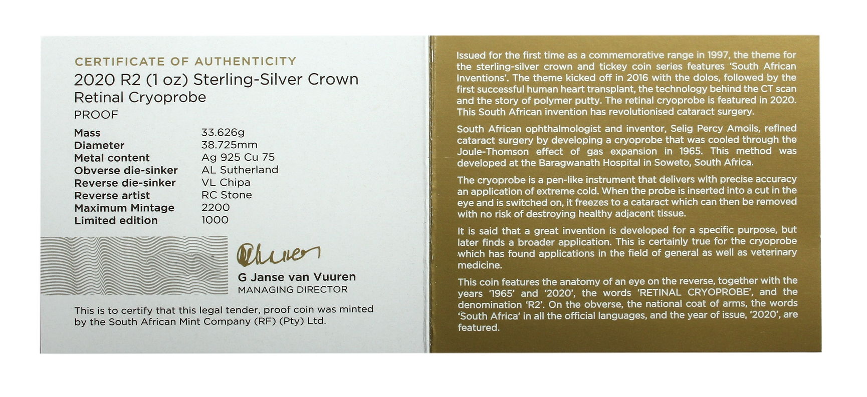 2020 Silver R2 Crown Retinal Cryoprobe Proof Coin South African Inventions cert rev
