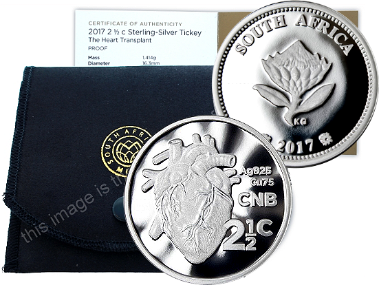 2017 Silver Tickey Silver Heart Transplant Proof Coin South African Inventions Tickey Cert