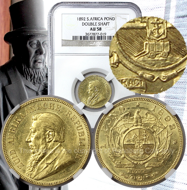 1892 ZAR Double Shaft Gold Pond AU58