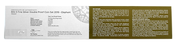 2019 Twin 1oz Fine Silver Proof R5 Big Five Series Elephant Coin Set cert rev