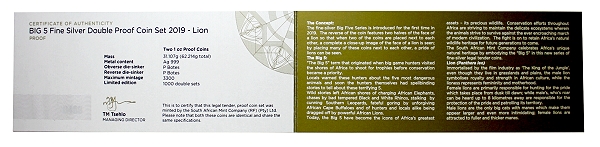 2019 Twin 1oz Fine Silver Proof R5 Big Five Series Lion Coin Set cert