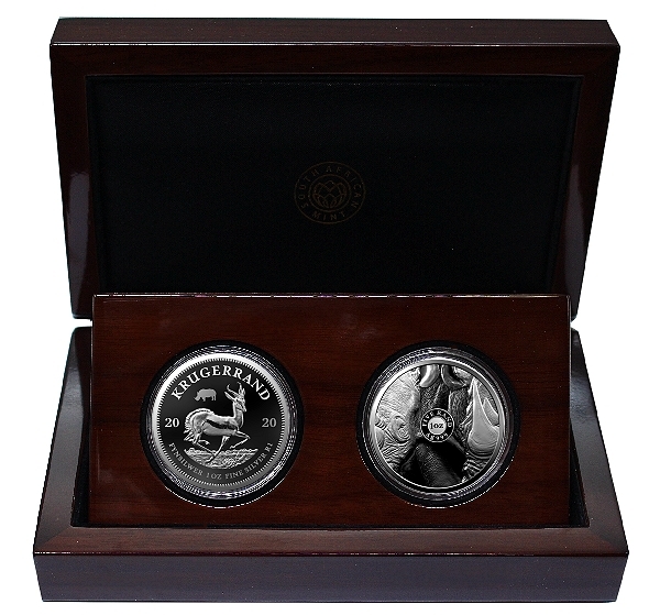 2020 1oz Fine Silver Rhino and 1oz Fine Silver Krugerrand with Mintmark Combination Set Big Five Series open rev aa