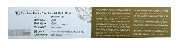 2020 Twin 1oz Fine Silver Proof R5 Big Five Series Rhino Coin Set cert