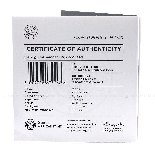 2021 1oz R5 Fine Silver Elephant Brilliant Unc Big Five Series folder back a