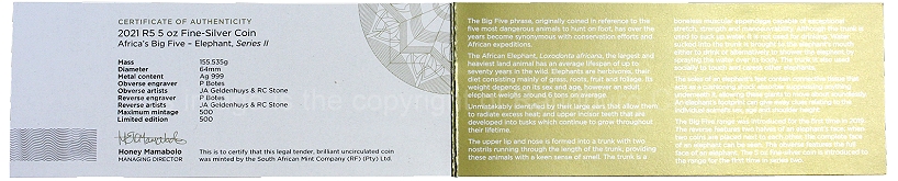 2021 Silver Fine 5oz R5 Africas Big 5 Series II Elephant cert