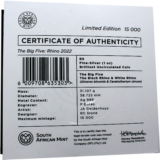 2022 1oz R5 Fine Silver Rhino Brilliant Unc Big Five Series II Back