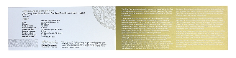 2022 Twin 1oz Fine Silver Proof R5 Big Five Series II Lion Coin Set cert rev