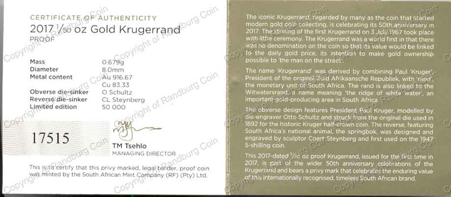 2017_Fiftieth_oz_Proof_Gold_Krugerrand_50th_PF70_Cert_rev