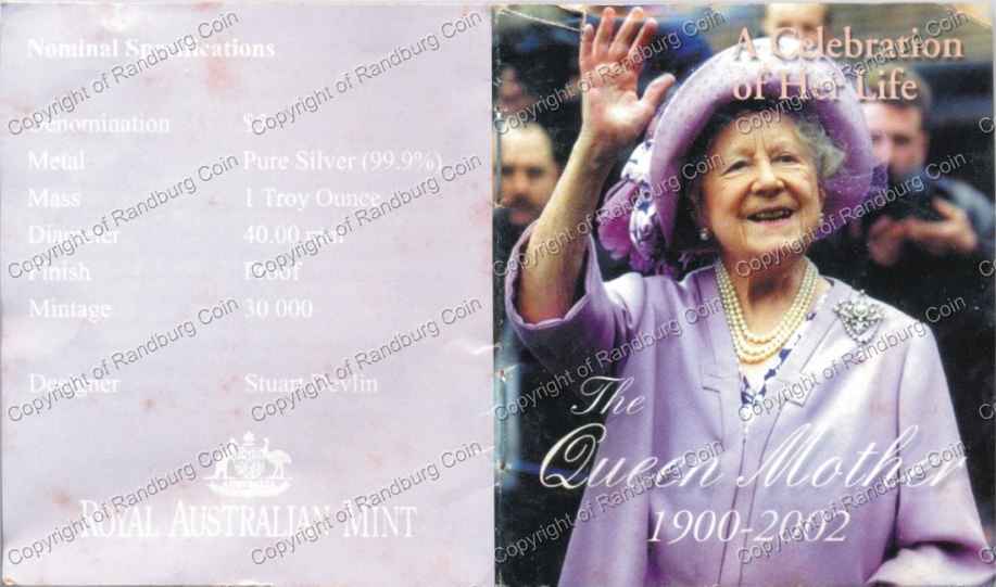 Australia 2002 Silver proof 5 Dollar Queen Mother cert